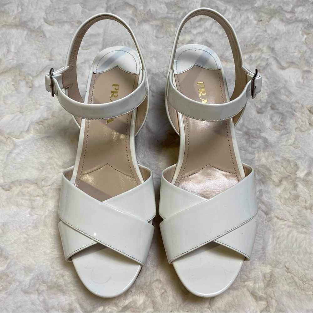 Prada White Patent Leather Criss Cross Ankle Strap Cork Wedge Sandals Size 39 - Picture 3 of 16